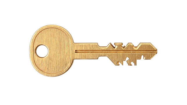 Gold key, brass metal key, house security, access lock, key, safety, home protection, unlock, secret, solution, estate, open.