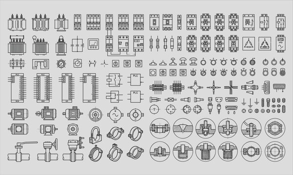 Industrial Electrical CAD Symbol Collection Featuring PLC Components Circuit Devices and Mechanical Engineering Technical Drawings