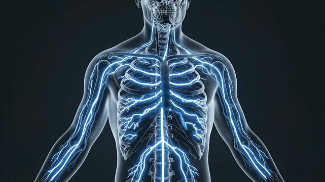 Detailed Neuromuscular Re-Education Visualization of Neural Pathways in Transparent Human Body Against Dark Background