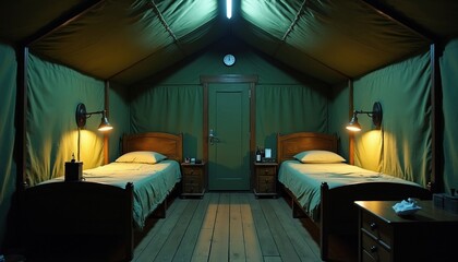 Fototapeta premium Military tent interior at night showing two beds ready for soldiers rest. Army base camp quarters have wood floor and green walls with wall lamps. A clock shows passing time for weary warriors.