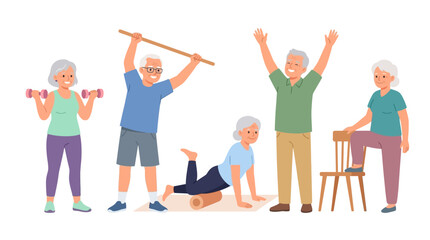 Fototapeta premium Elderly Adults Engaged in Lighthearted Fitness Activities Including Weights and Yoga in a Vibrant Community Setting