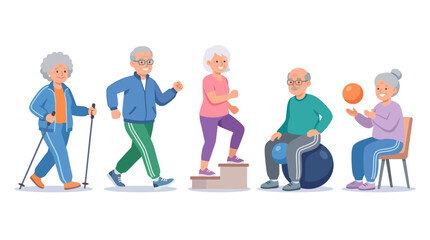 Fototapeta premium Elderly individuals engaging in various physical activities promoting health and social interaction across different settings