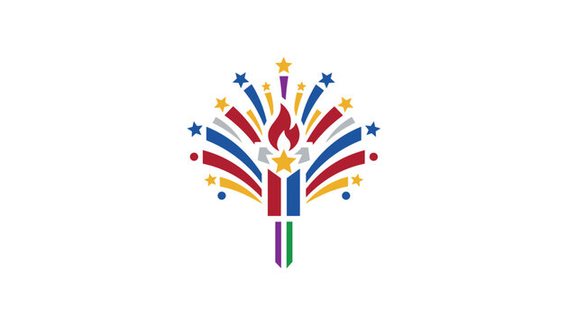 Colorful firework display logo featuring a central flame and geometric rays in bright primary colors against white.
