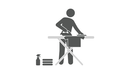 Fototapeta premium Person ironing a clean shirt on a flat board with a spray bottle and stack of folded fabric waiting in a minimalist home utility setting.