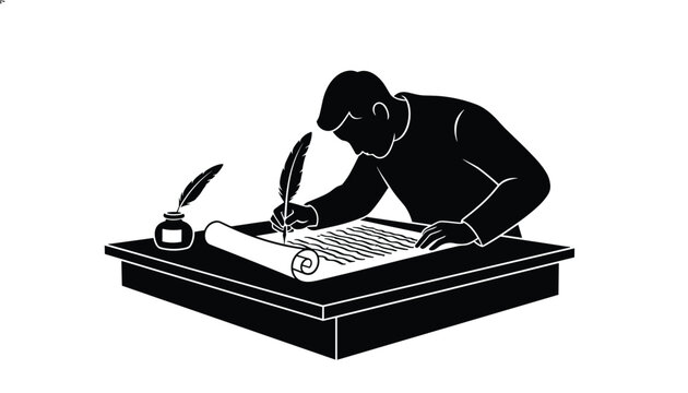 Professional person sits at a desk while meticulously writing on a scroll with a quill pen and ink bottle in a classic academic environment.