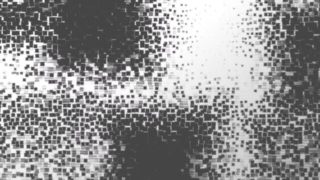 Minimalist abstract background animation loop featuring monochrome pixelated/scattered cube patterns transitioning with dense black noise and digital grain aesthetics