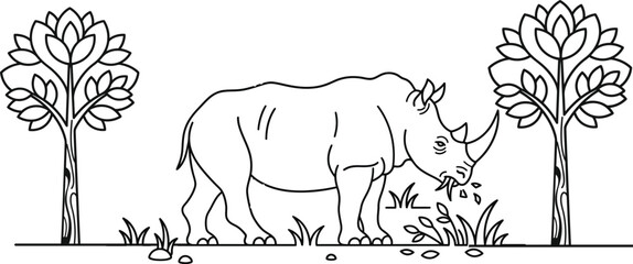 Rhinoceros eating grass line art illustration for kids coloring page © MonoarHossain