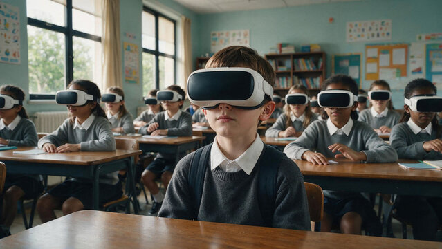 Diverse schoolchildren using virtual reality headsets for immersive digital learning in a modern classroom.