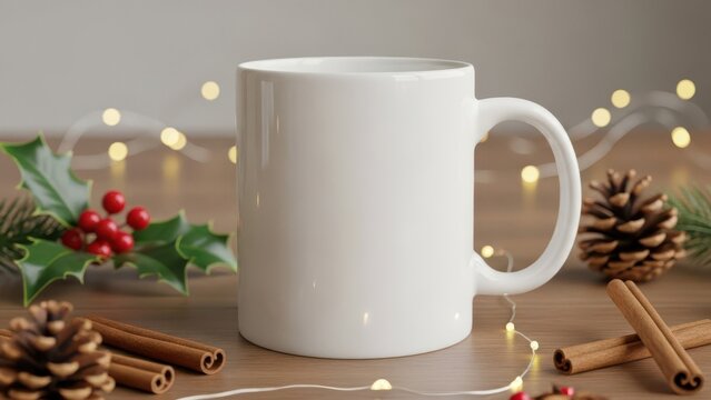 Blank white ceramic mug placed on a rustic wooden table with festive Christmas decor and warm Wallpaper Background image
