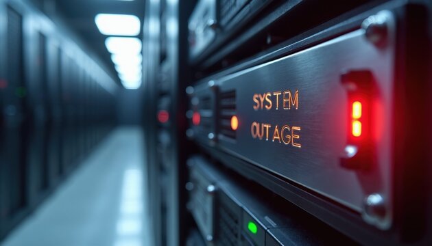 Server rack shows system outage warning with flashing red light. Computer hardware fails in data center. Network connection is down. IT infrastructure problem. Cyber emergency.