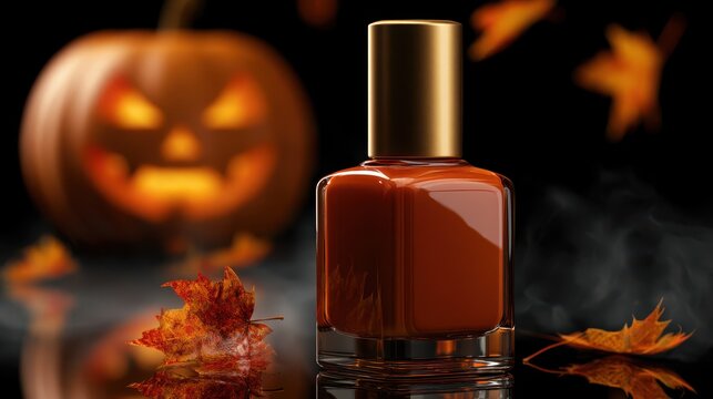 Luxury Halloween Nail Polish Mockup with Autumn Leaves and Glowing Pumpkin on Dark Background