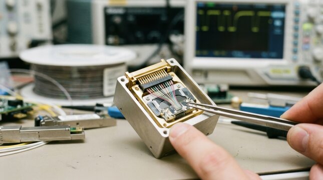Medium shot of multimode fiberoptic transceiver module assembly highlighting careful integration of optics into metal cages optimized for shortrange highbandwidth communication.