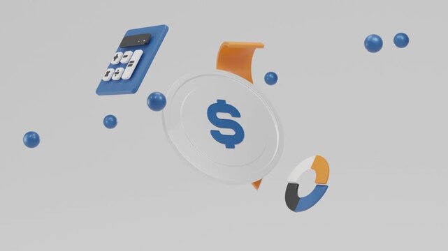 Abstract 3D motion graphics featuring a silver dollar coin, geometric shapes, calculator, and dynamic orange arrow on a white background. Financial growth and profit calculation concept