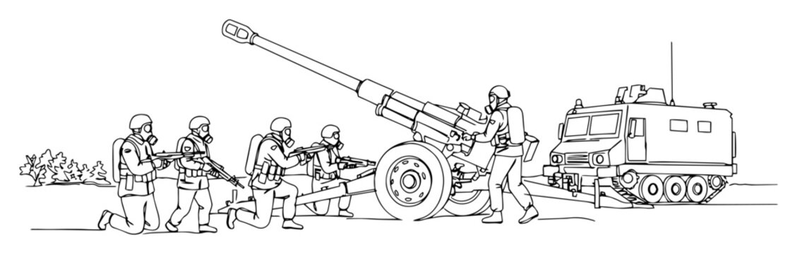 artillery crew operating heavy cannon outline