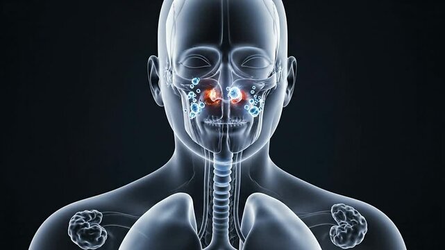 Flu-Like Upper Airway Concept With Transparent Human Head And Chest Anatomy Highlighting Sinus Areas Inflammation