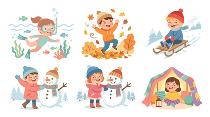 Naklejka premium Vibrant winter outdoor activities capturing children's joy and exploration in snowy landscapes and seasonal costumes