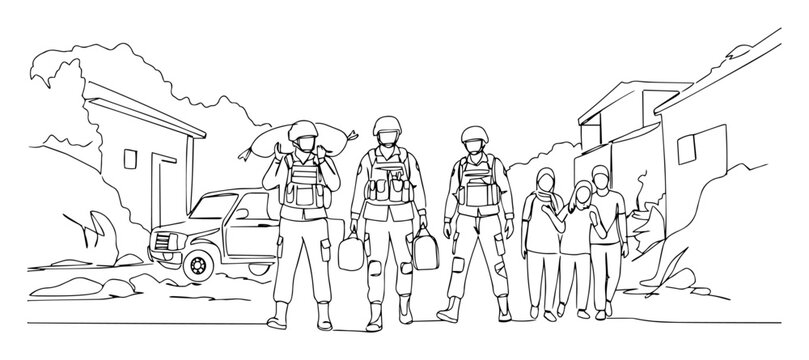 soldiers securing civilians in urban area contemporary one-line vector
