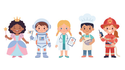 Fototapeta premium Diverse group of children dressed in various costumes representing different professions and characters, smiling and standing