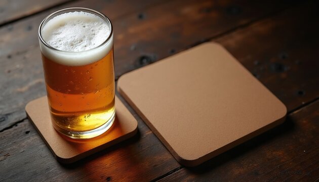 Glass of cold light beer stands on square coaster next to empty blank cardboard mat. Rustic dark brown wooden table serves as natural textured background. Pro branding template displays mockup space