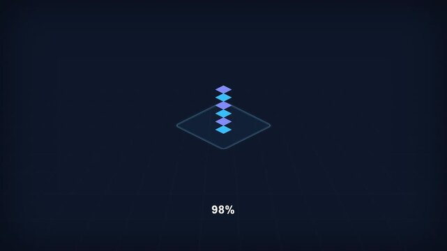 An isometric blue loading animation on dark background