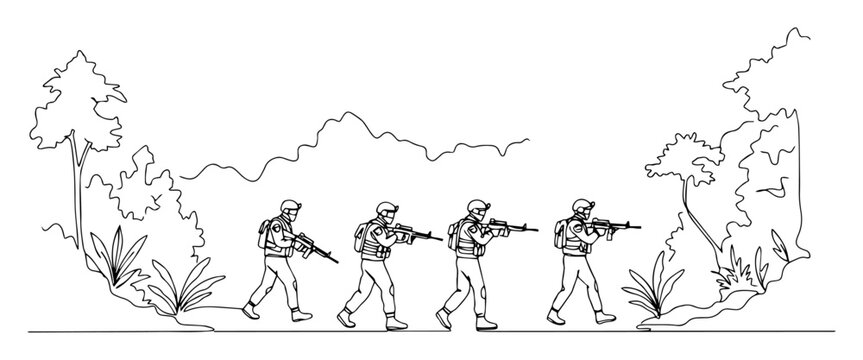 soldiers patrolling jungle terrain continuous line drawing style