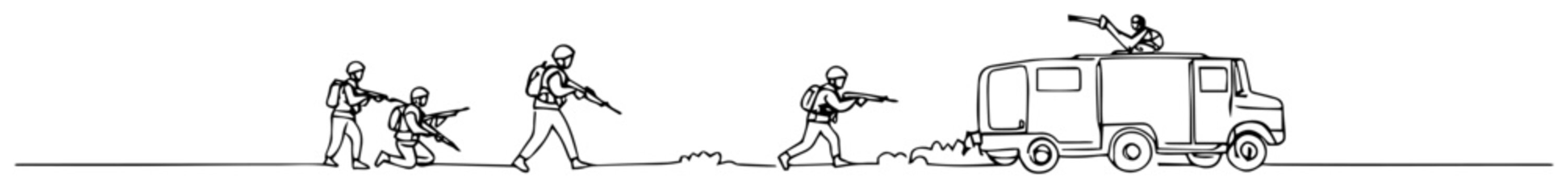 ground unit ambush scenario near vehicle delicate linear artwork featuring smooth uninterrupted strokes in monochrome palette