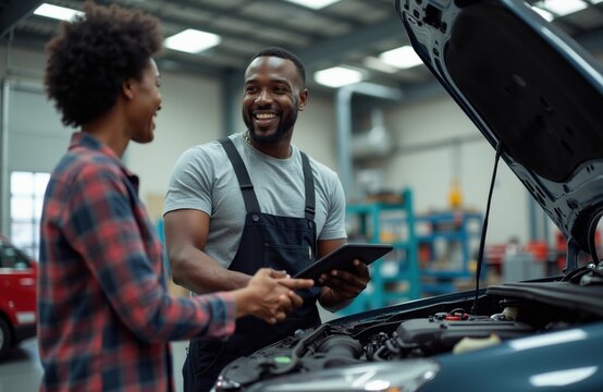 African American mechanic smiles shaking hands with female customer at garage after car repair. Technician holds tablet computer beside open vehicle hood for service consultation. Pro staff explains