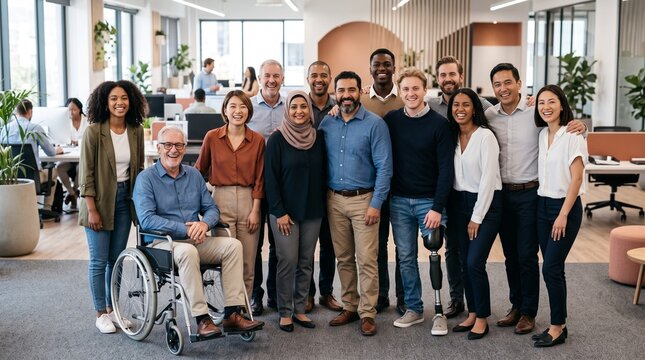 Diverse group of smiling professionals including individuals with disabilities in a modern office setting