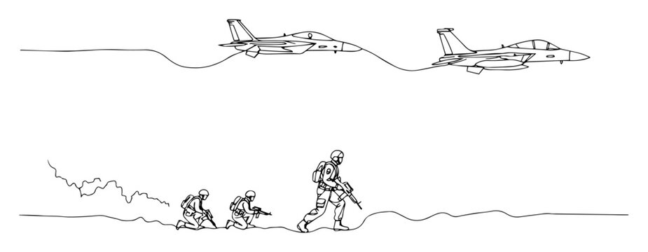 fighter jets flying above advancing soldiers elegant lineart composition