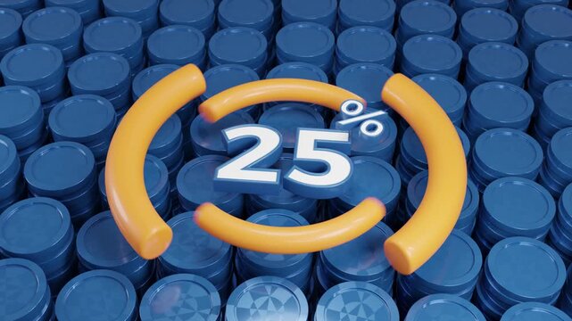 Abstract 3D seamless loop showcasing "25 Percent" typography surrounded by elegant geometric animations in monochrome luxury style, perfect for financial presentations on blue background