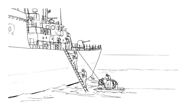 naval personnel disembarking via ladder into raft vector monoline shape outline