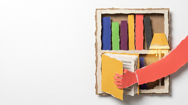 Hand reaching for a book from a colorful paper bookshelf display  