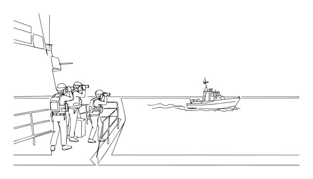 naval crew observing patrol boat approach vector monoline shape outline