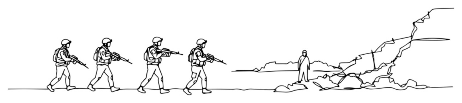 soldiers capturing hostile in rocky area vector monoline shape outline