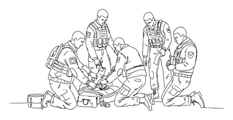 Obraz premium soldiers providing emergency field treatment monoline vector outline