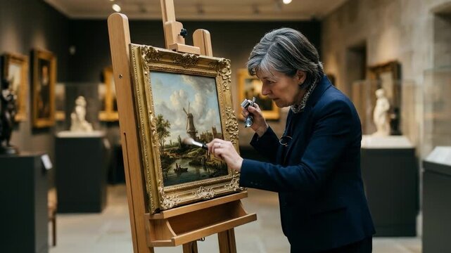 Medium shot of expert appraiser examining a valuable painting in a secure gallery room with background art softly blurred for focused detail.