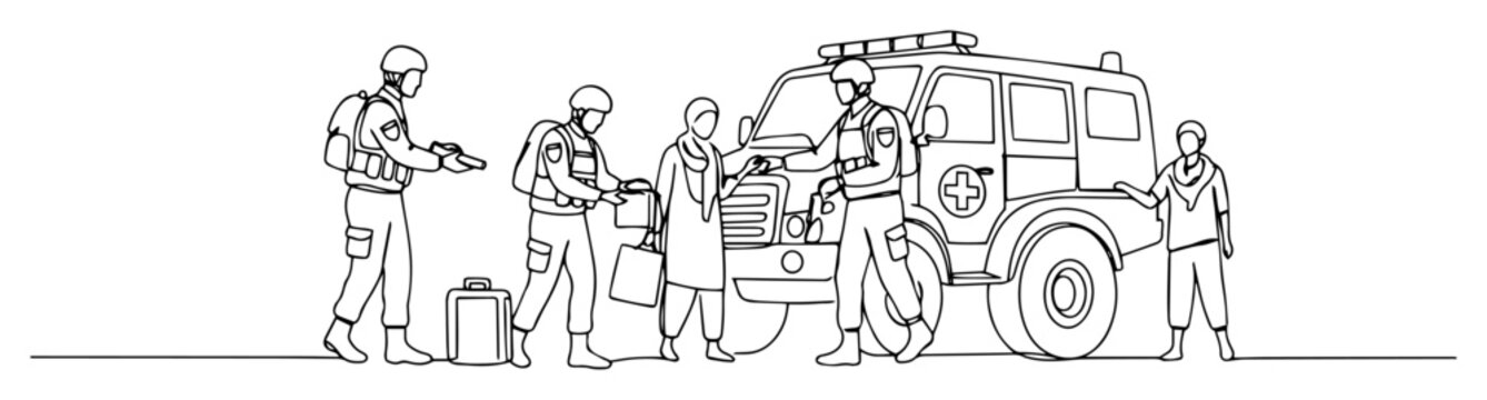 military personnel securing civilians at checkpoint monoline vector outline