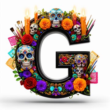 letra G, catrinas, sombrero, garbanzera, flor, cempasuchil, naranja, petalos, mariposas, corazon, craneo, calavera, catrin, velas, accesorios, ornamentos, elegante, decoraciones, objeto, celebraciones