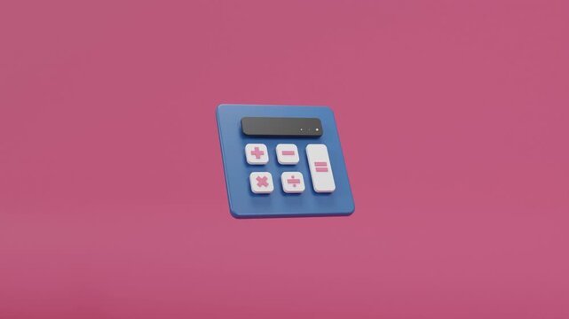 Minimalist 3D animation of a rotating blue calculator on a pink background, illustrating financial calculation, fintech services, banking promotions, accounting concepts, and currency exchange visuals