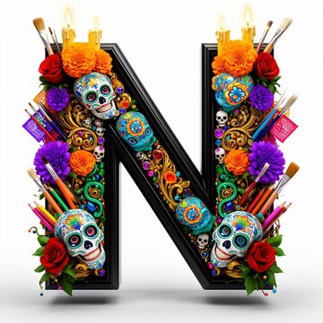 letra N, catrinas, sombrero, garbanzera, flor, cempasuchil, naranja, petalos, mariposas, corazon, craneo, calavera, catrin, velas, accesorios, ornamentos, elegante, decoraciones, objeto, celebraciones