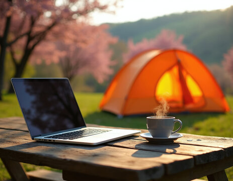 Laptop sits on wooden picnic table next to hot steaming coffee mug. Orange tent stands in background of blooming spring garden forest park. Digital nomad works remotely in nature. Modern business pro