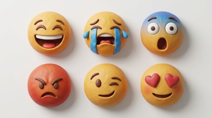 Naklejka premium Colorful Emoji Faces Expressing Various Emotions On White Background For Digital Communication