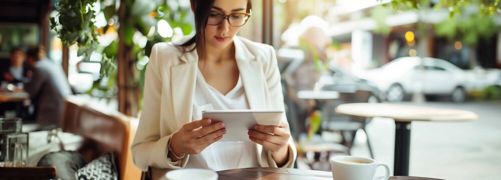 Young woman working on tablet computer in a cafe