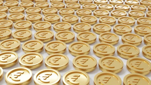 Abstract 3D background featuring rows of gold coins with embossed Euro symbols arranged on a white surface, moving horizontally in a seamless looping motion with elegant metallic reflections
