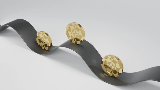 Abstract 3D minimal animation with three golden coins moving along a Black curved stripe on a White background, creating contrast, depth, and fluid rhythm within minimalist and modern geometric compos