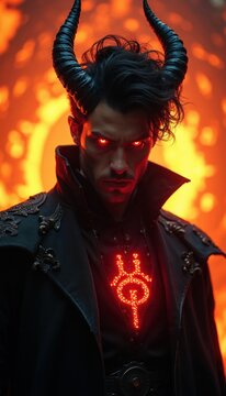 Dark fantasy demon portrait with curved horns, glowing red eyes. Male character wears black gothic clothes with bright mystical symbol. Intense creature stands against fiery background with orange