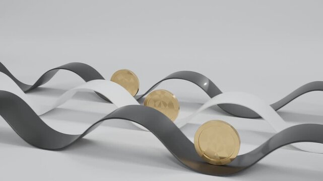 Abstract 3D minimal animation depicting three golden coins rolling along wavy Black and White ribbons on a White background, illustrating flow, energy, and contrast through color and geometry in elega