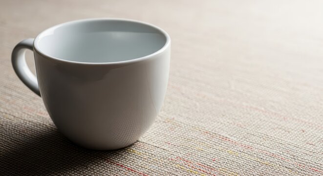 Close up view of an empty white ceramic cup resting on a textured, patterned linen tablecloth, ready for coffee or tea, rustic, preparation, pattern