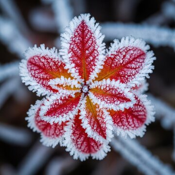 Crystalline hoarfrost covers bright red and gold autumn leaves on a chilly morning. The frozen texture contrasts with the warm fall colors, fresh, foliage, plant