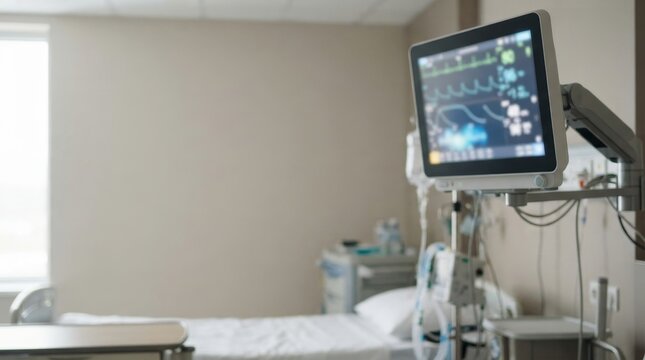 Medical monitor displaying patient vitals in a hospital room. Digital screen with heart rate and ECG in an empty intensive care unit. Healthcare and critical care concept
